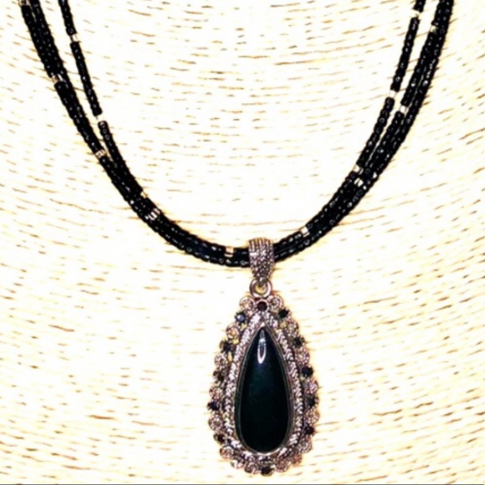 BLACK ONYX TEARDROP MARCASITE PENDANT NECKLACE ON LONG BLACK SWAROVSKI BEADS
